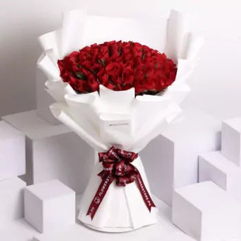 100 Red roses bouquet with White wrapping for velentin's day