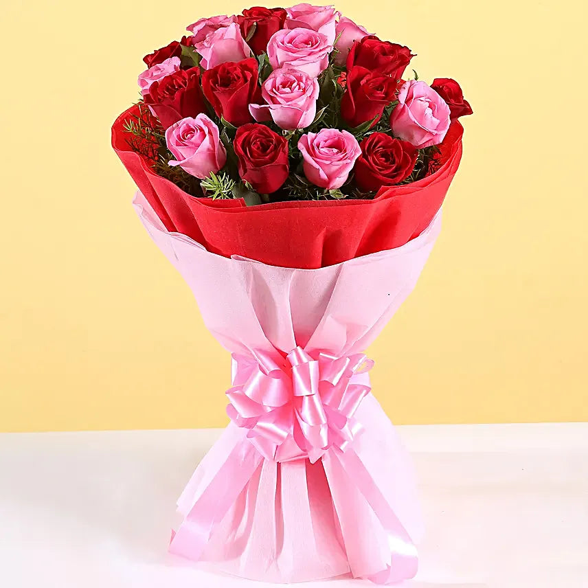 Blush Bloom: Red & Aqua Pink Roses Bouquet