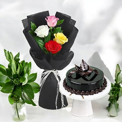 4 mix roses and truffle cake combo